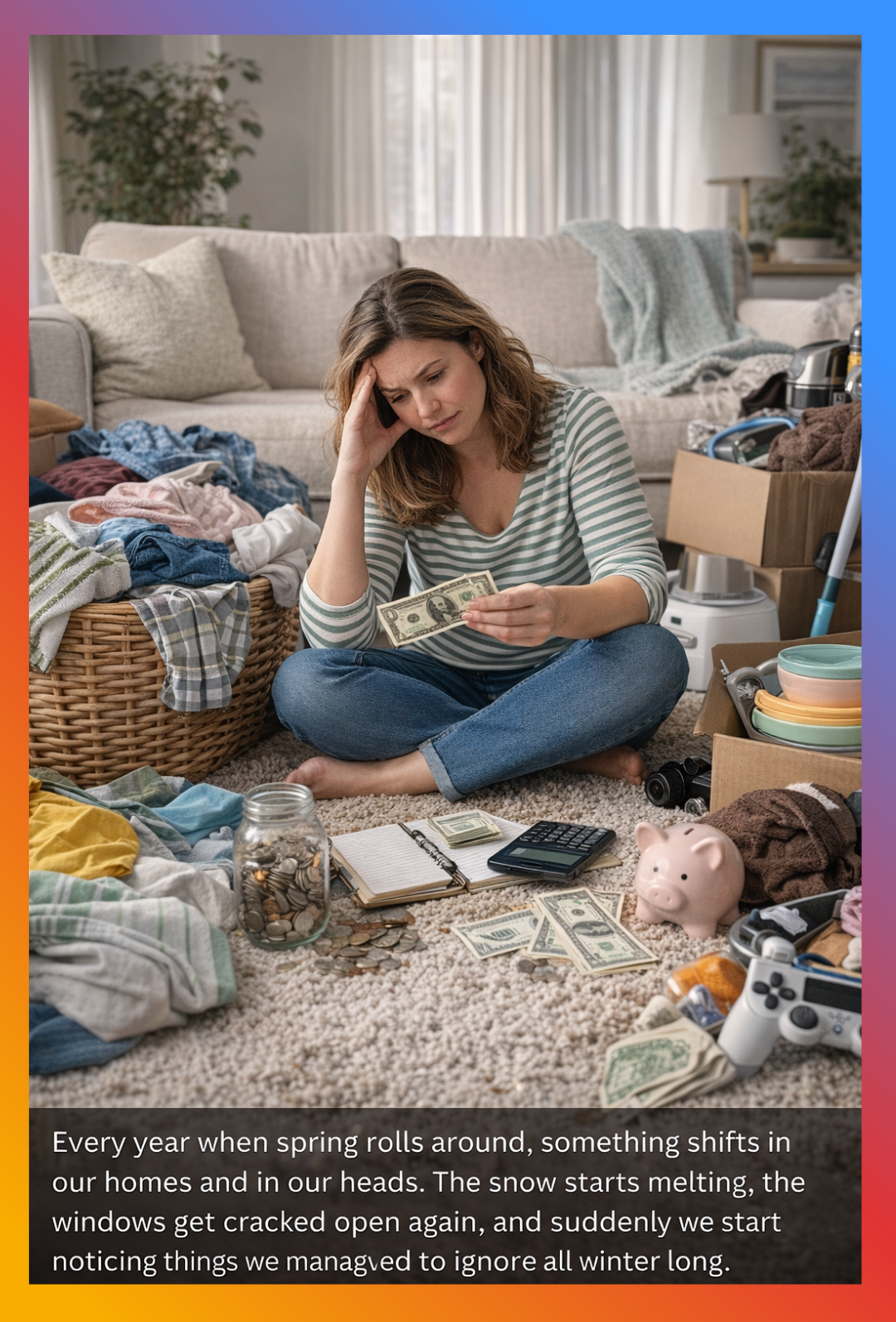 Woman sitting on the floor during spring cleaning, sorting clutter, coins, and household items while reviewing her budget and looking for simple ways to save money and create extra income from home.