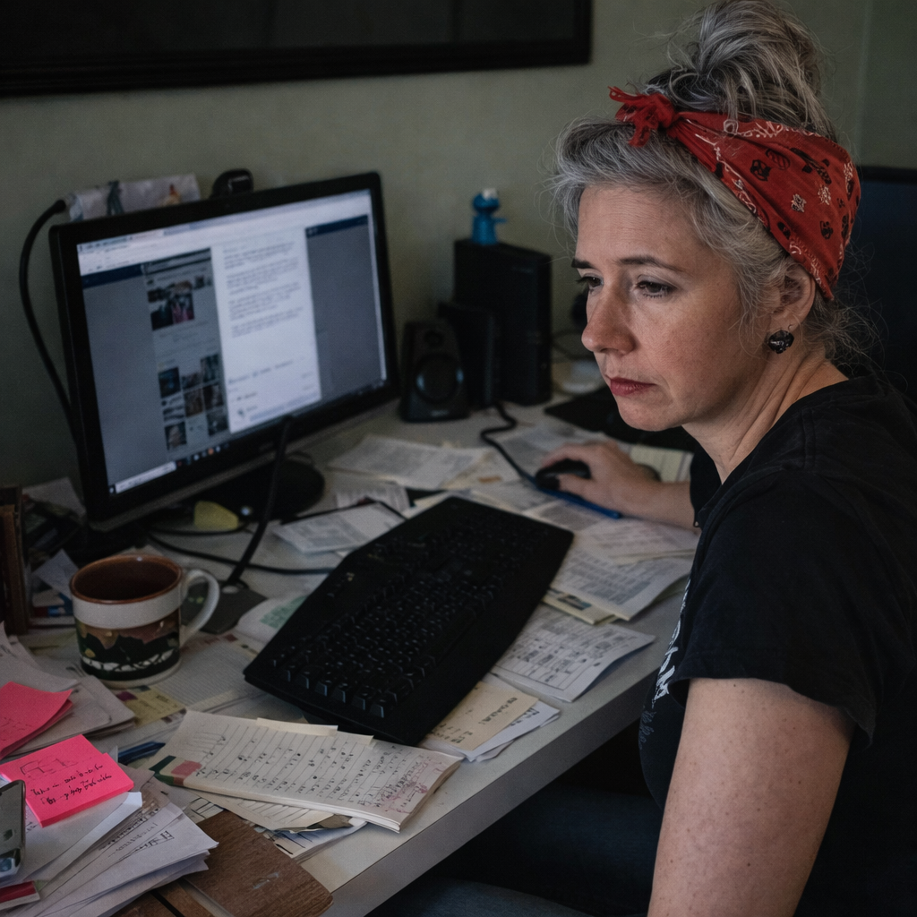 Roxanne Lync woman reviewing notes and expenses at home realizing the need for a simpler way to make money from home