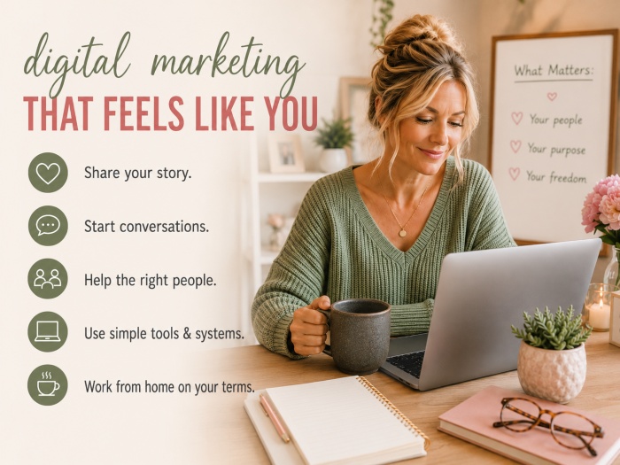 Woman working from home at a laptop with a dark pottery mug, showing how digital marketing for beginners can help women make money from home by sharing their story, helping others, and using simple tools and systems.