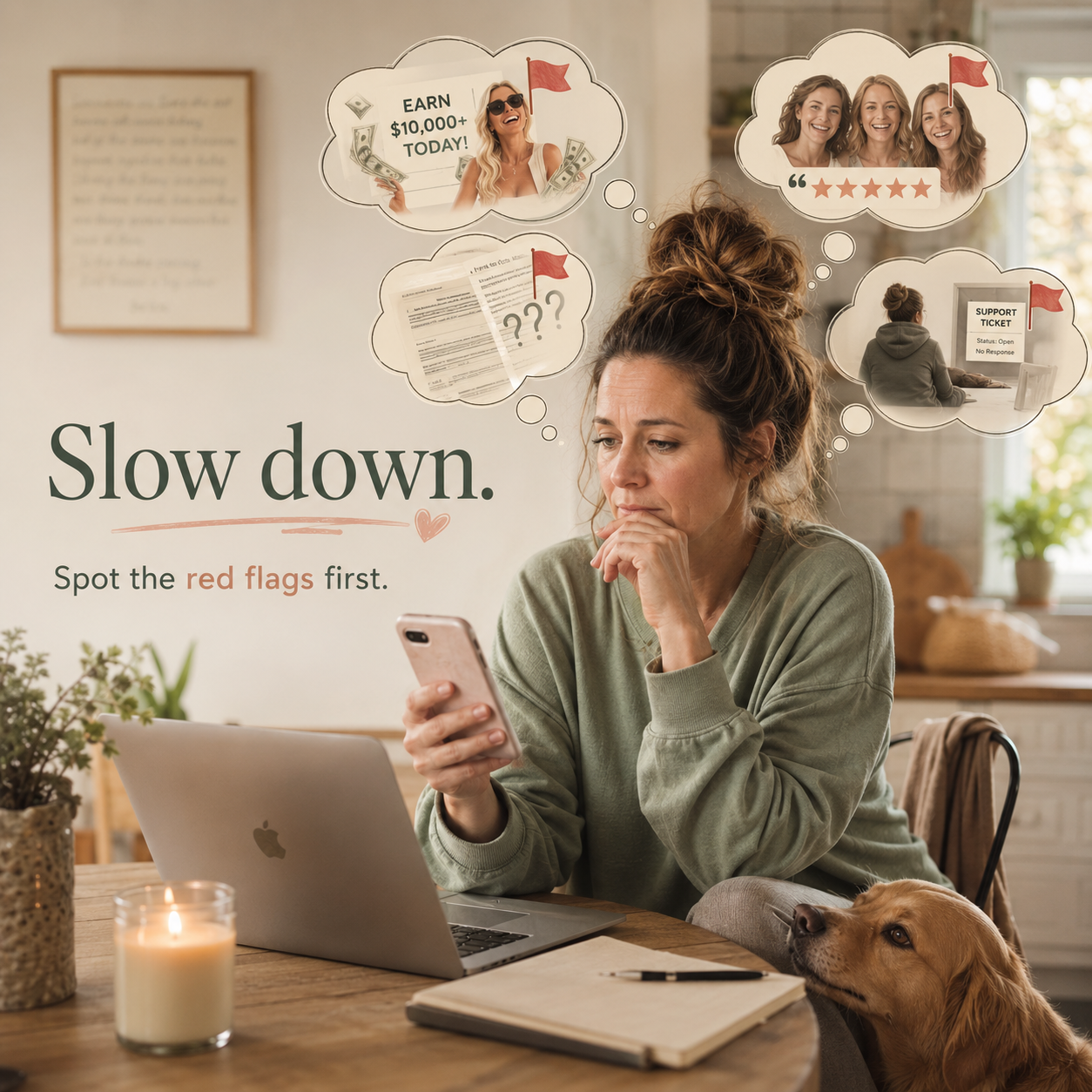Woman with a messy bun sitting at a kitchen table with a laptop and phone, looking skeptical about online money-making offers, while a dog rests beside her and thought bubbles show common red flags like flashy income claims, fake reviews, confusing fine print, and lack of support.