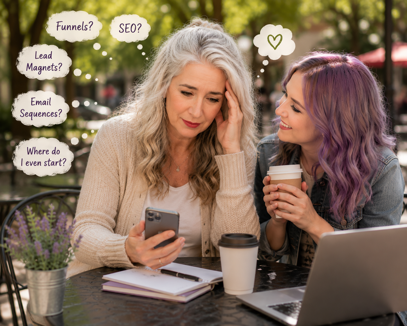Silver-haired midlife woman at an outdoor café feeling confused by digital marketing basics while a supportive friend sits beside her, representing digital marketing for beginners and making extra money from home with real support.
