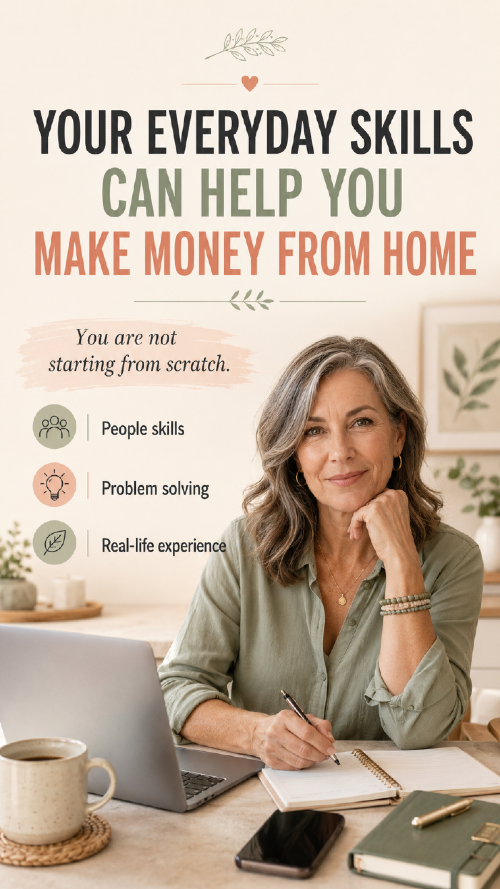 Woman working at home with a laptop and notebook, showing how everyday skills and real-life experience can help women make money from home without starting from scratch.