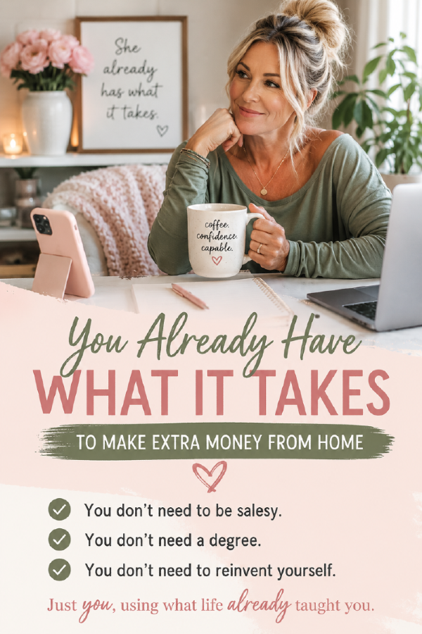 Woman at a home workspace with coffee and laptop, showing how life skills can help women make extra money from home without being salesy, needing a degree, or reinventing themselves.
