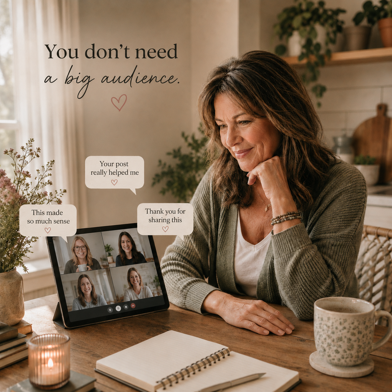 Woman on an online group call showing how trust, connection, and helpful content can help women make money from home without a big audience.