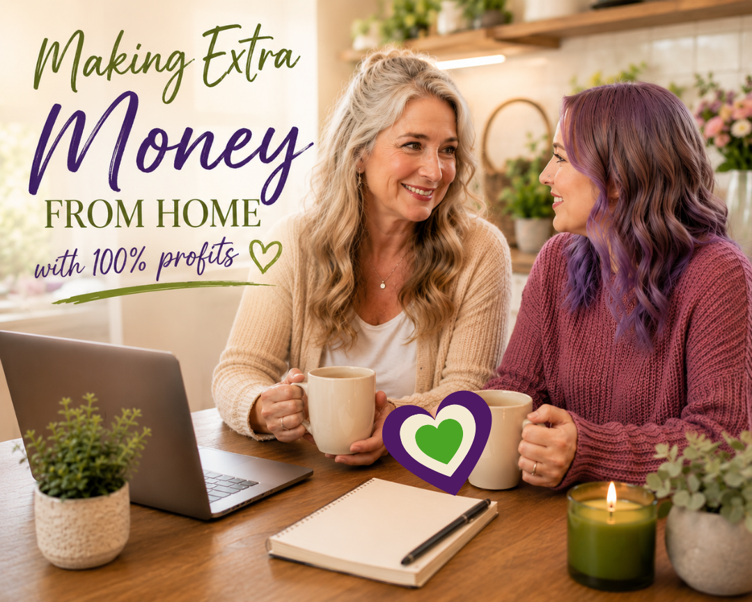 Two women sharing coffee at a kitchen table, symbolizing making extra money from home with real support, digital marketing for beginners, and women helping women build online income with warmth and encouragement.