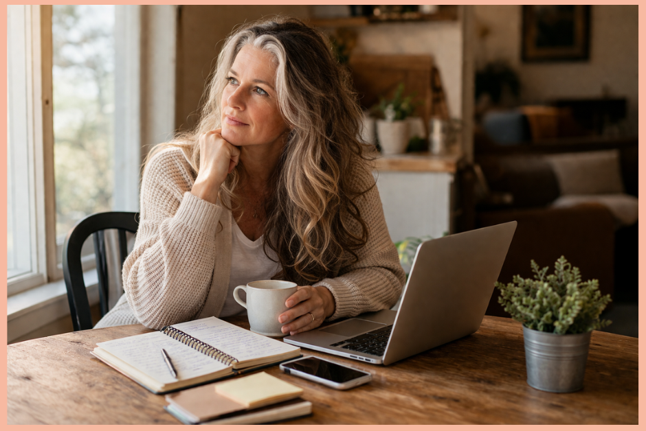 Woman with long silver hair sitting at a kitchen table with coffee, laptop, and notebook thinking about how to make extra money from home in a simple way