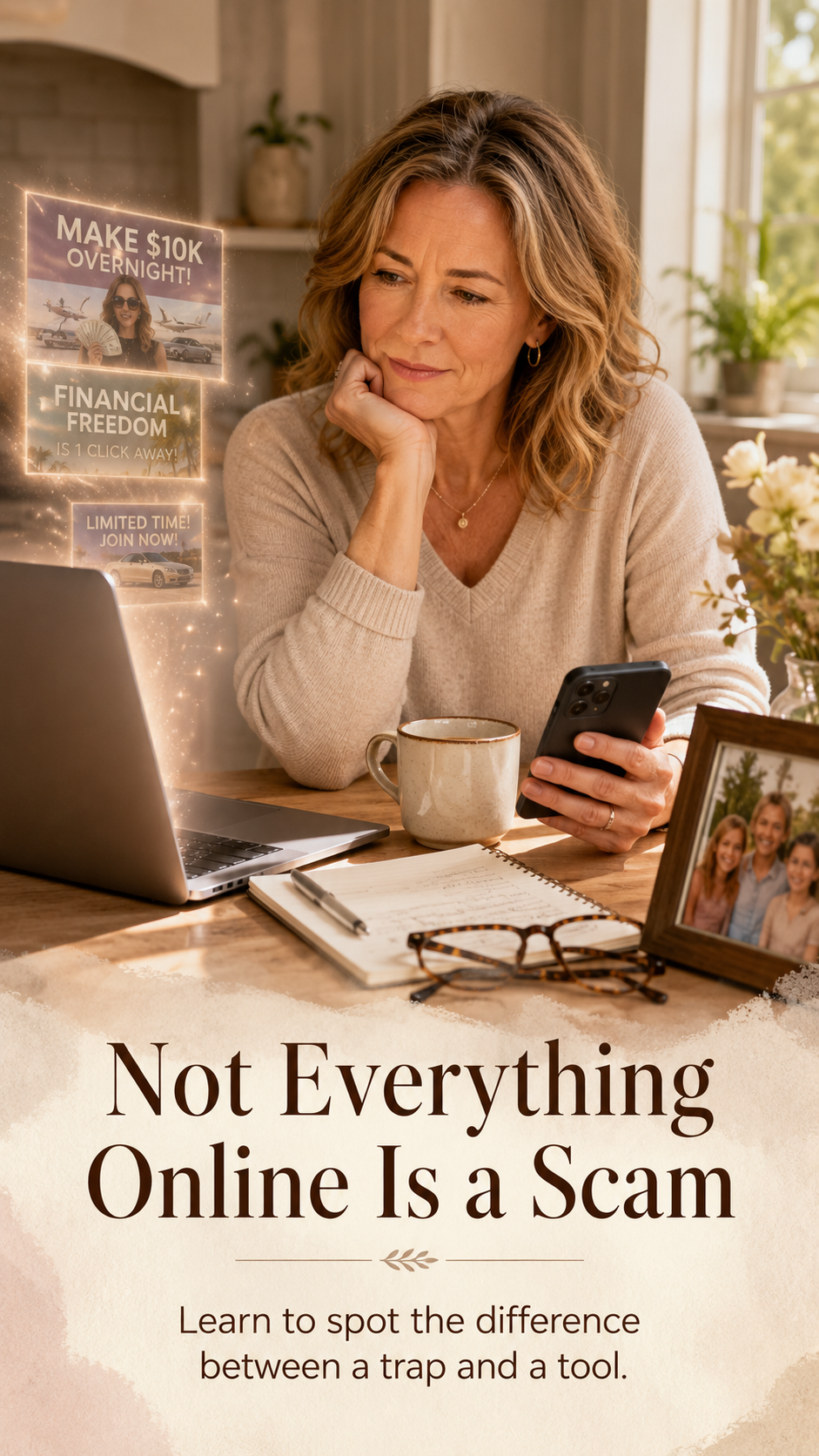Woman sitting at a kitchen table with laptop and phone, thoughtfully looking at online money-making offers, showing how to spot red flags and make extra money from home without getting scammed.