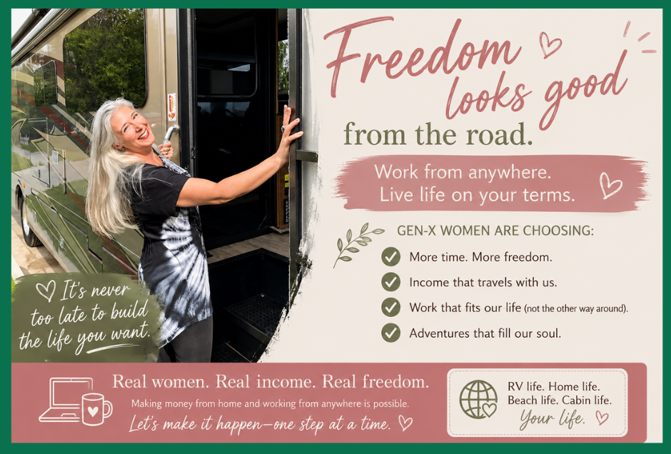 Middle-aged woman smiling beside her RV with inspirational work from anywhere graphic about freedom, flexible income, RV living, and making money from home while traveling