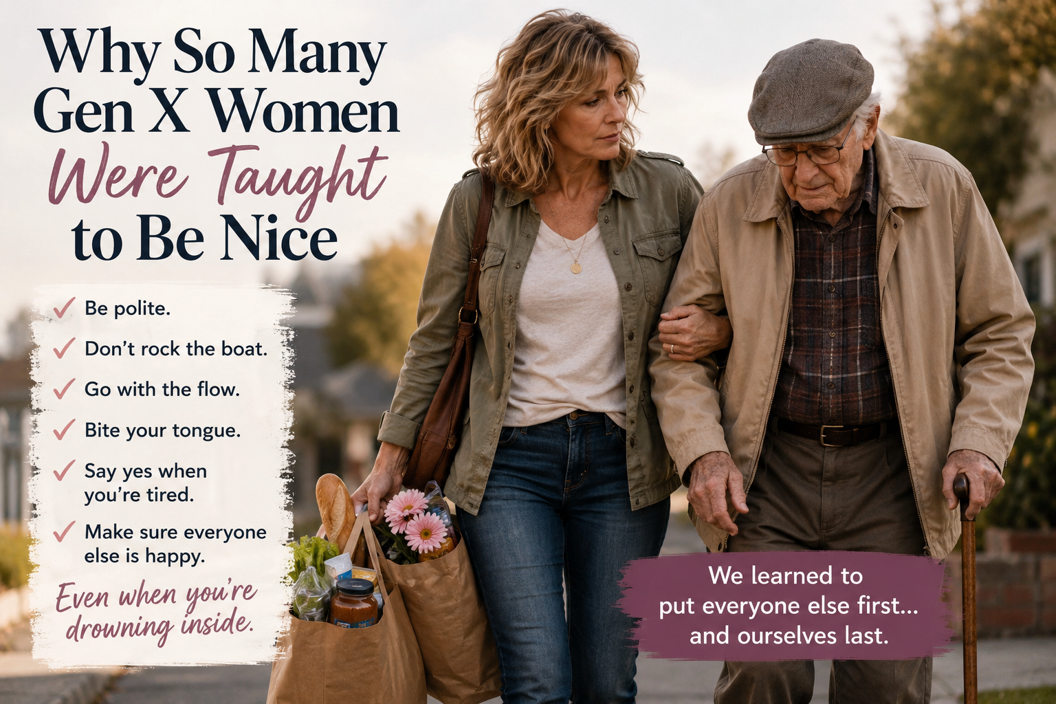 Gen X woman helping her aging father while carrying groceries, representing caregiving responsibilities and the need for extra income.