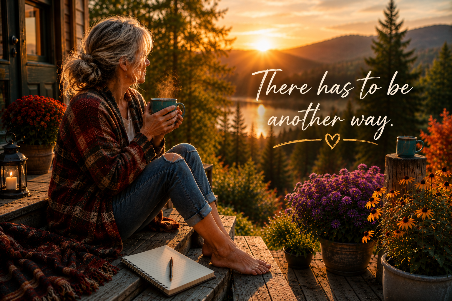 Wide banner of a Gen X silver-haired woman sitting on a rustic porch at sunrise with a cup of coffee, overlooking a peaceful lake beside the words "There has to be another way."