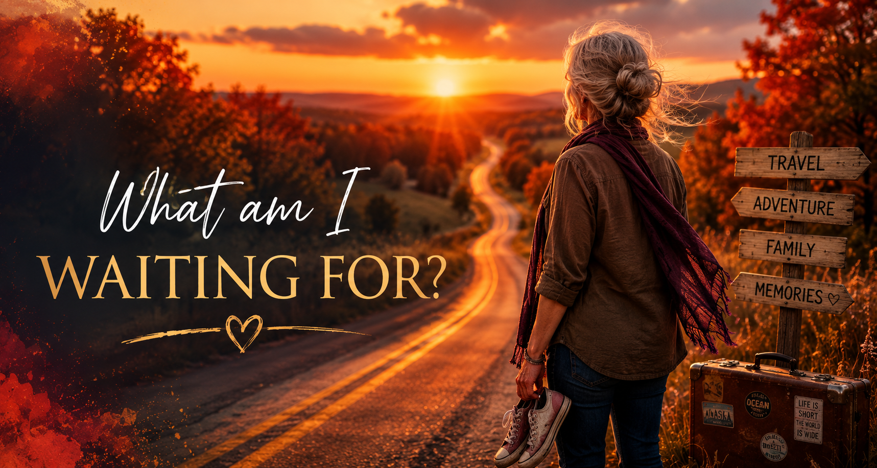 Cinematic banner of a Gen X woman looking toward the horizon at sunset with the words "What am I Waiting For?" symbolizing freedom, bucket list dreams, and living before retirement.