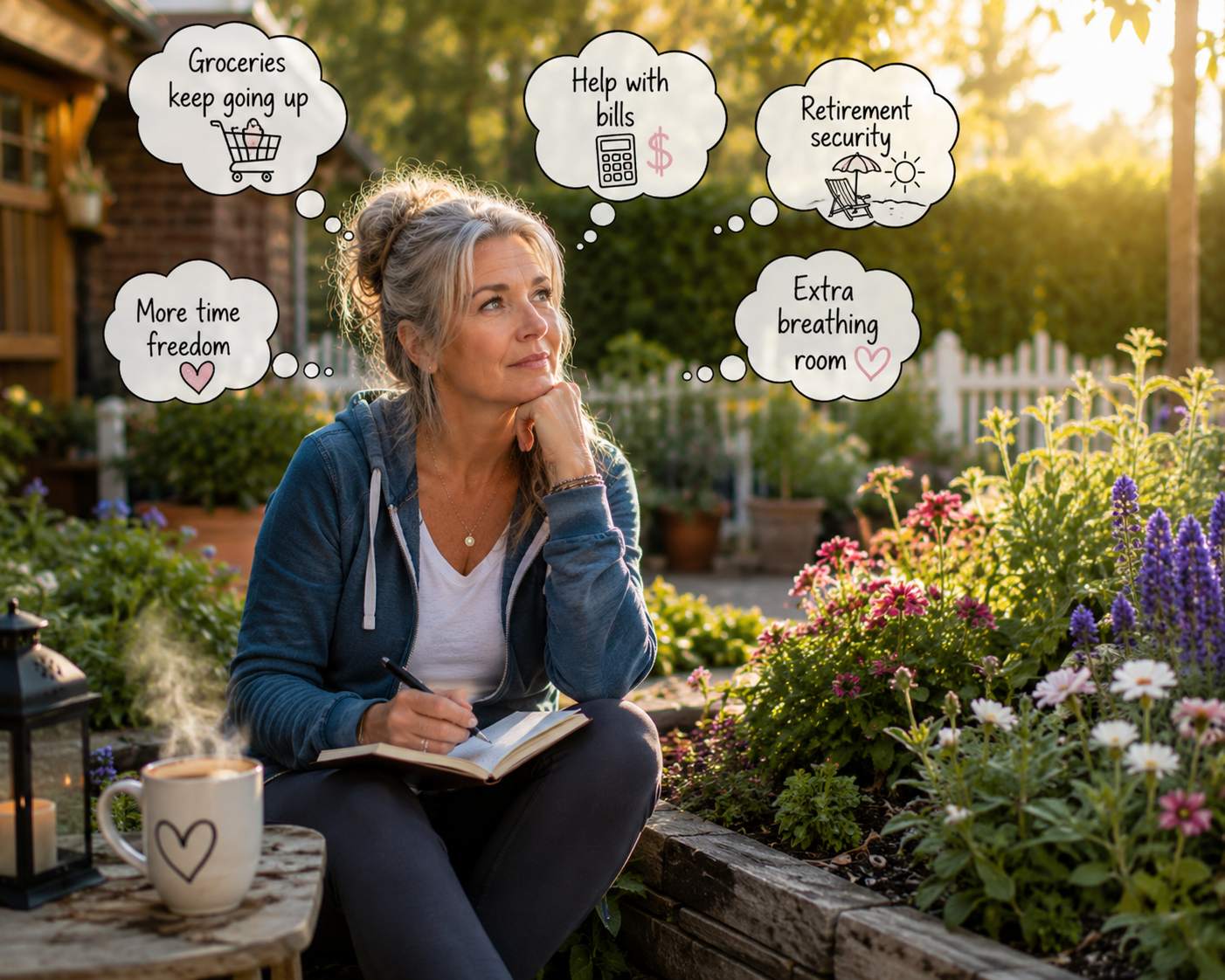 Gen X woman sitting in flower garden with coffee and notebook, reflecting on flexible online income and ways to make extra money from home.