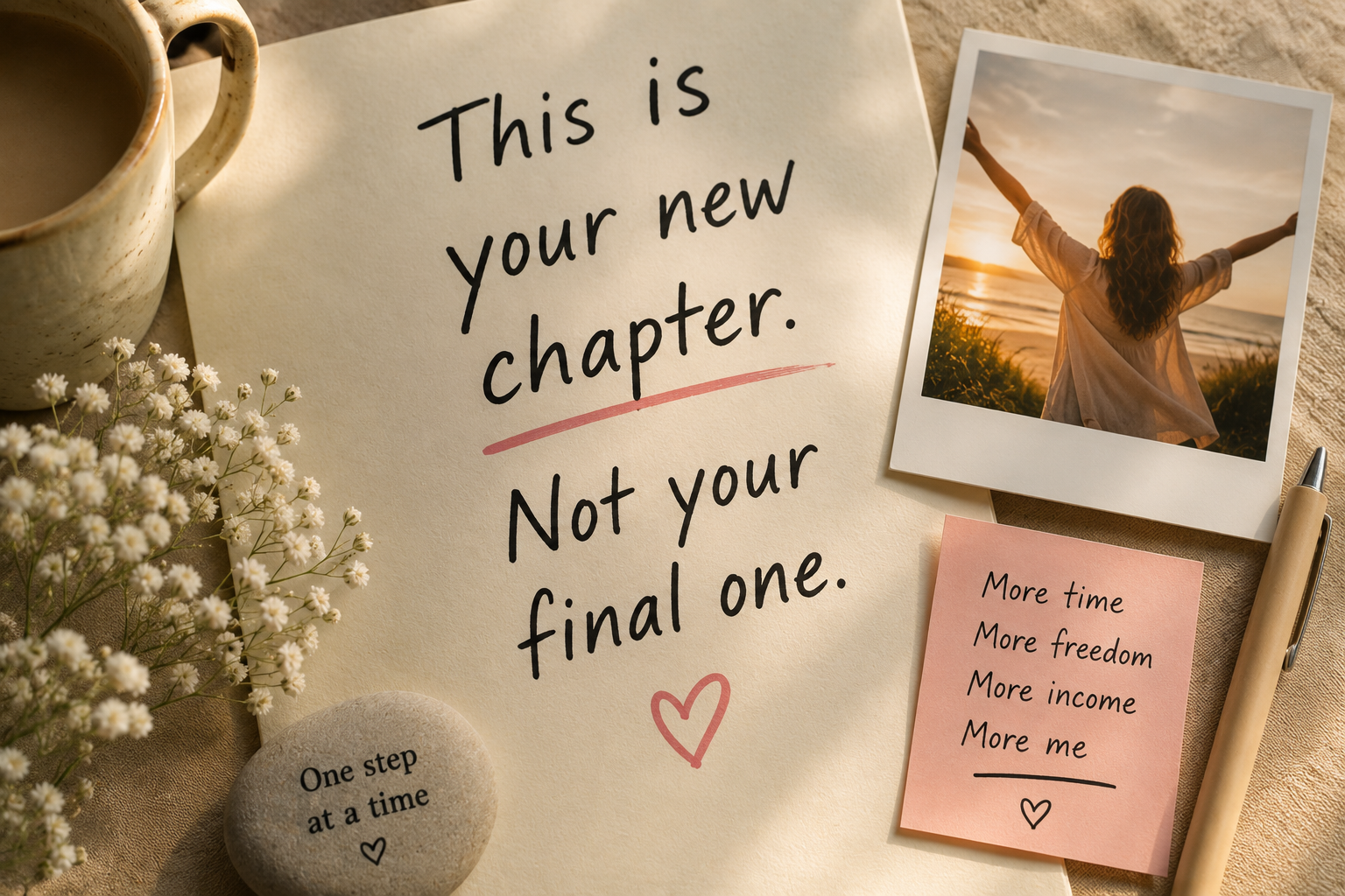 Flat lay of coffee, flowers, notebook, and inspirational notes symbolizing a hopeful new chapter, personal growth, and starting over in midlife.