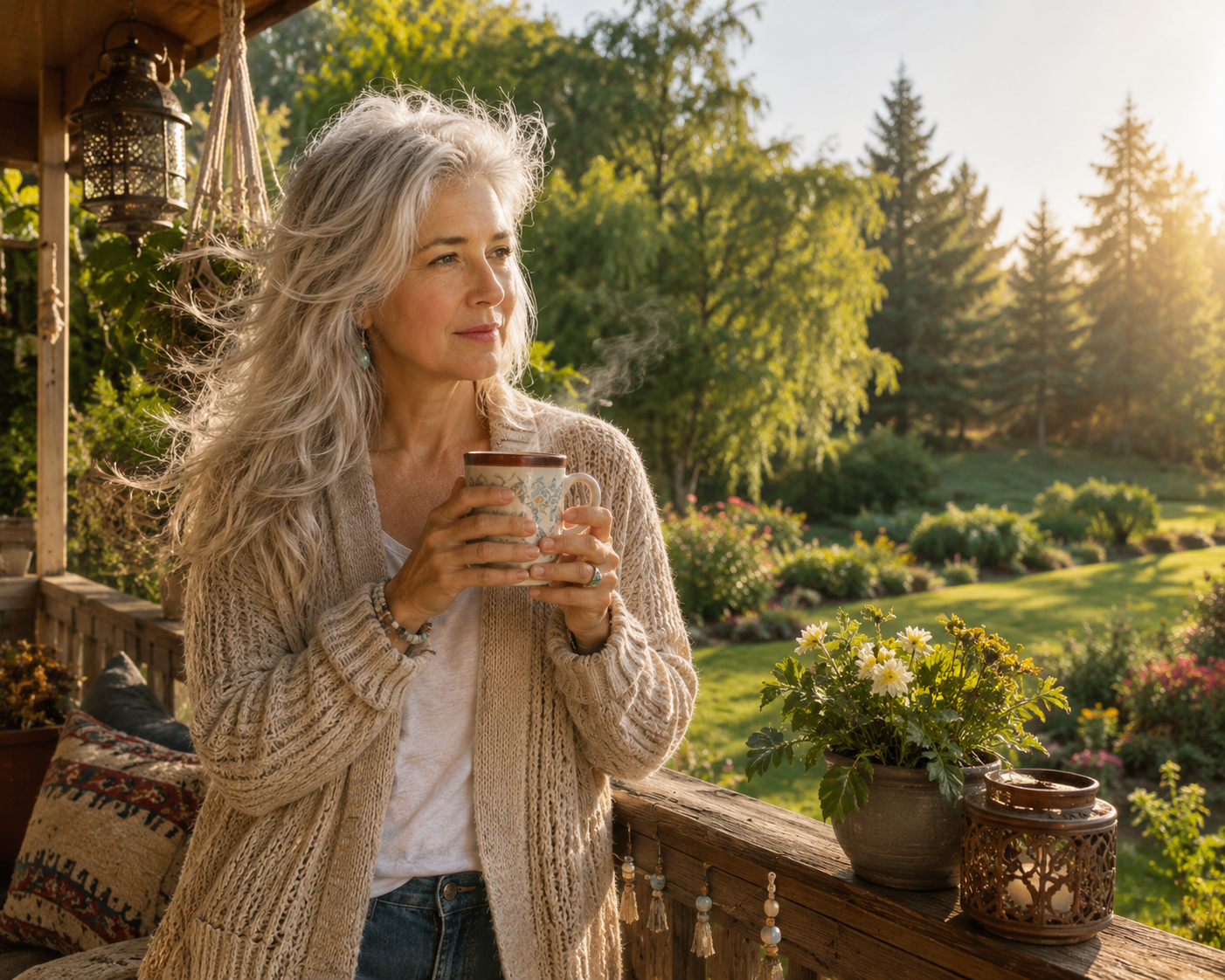Gen X woman Roxanne Lynch with silver hair holding a steaming coffee on her porch at sunrise, reflecting on finding realistic ways to make extra money from home that fit her lifestyle.