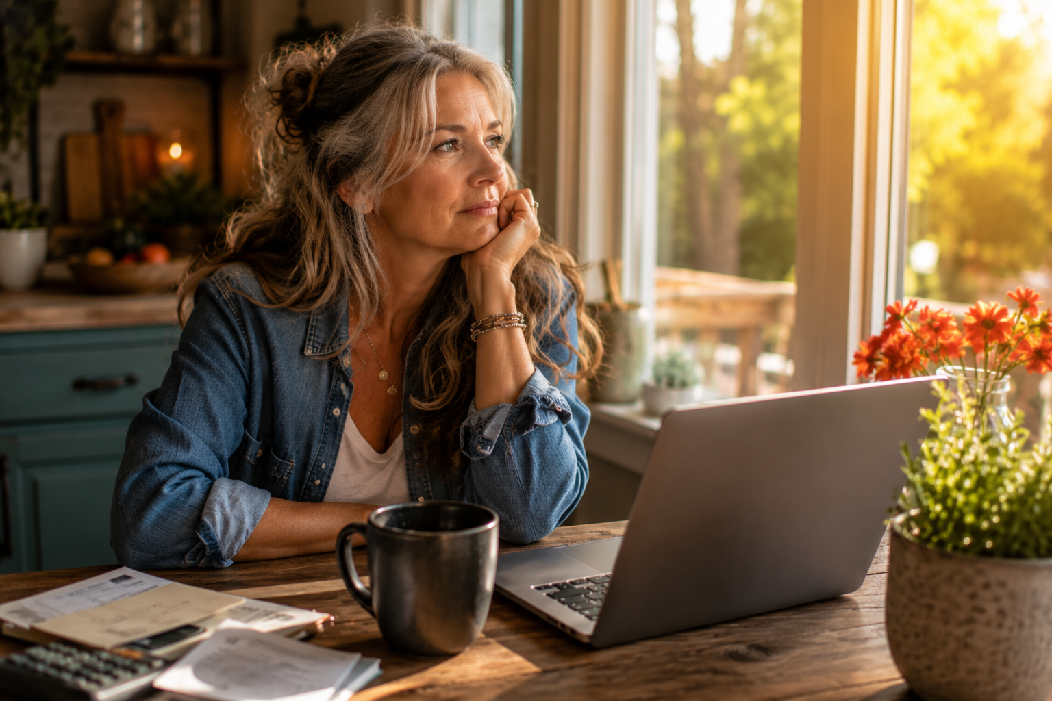 Gen X woman working from home at laptop with coffee and household bills in warm sunlit kitchen.