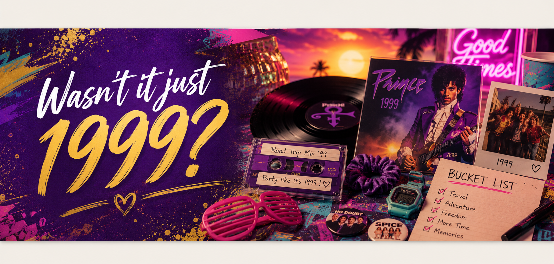 Retro 1990s-inspired banner with the words "Wasn't it just 1999?" capturing Gen X nostalgia and how quickly the years pass.