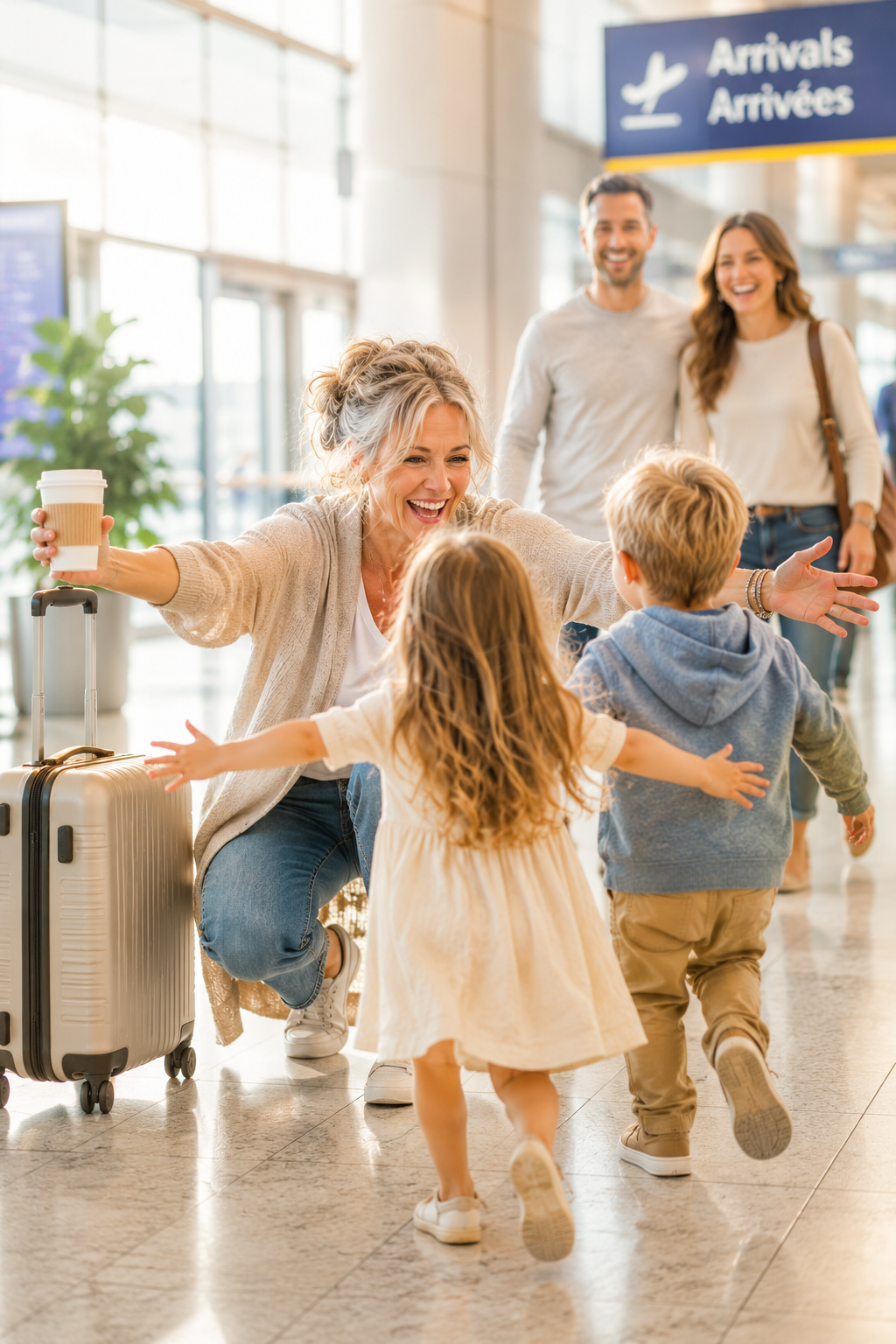 Bright airport reunion as a Gen X silver-haired grandmother greets two excited grandchildren, celebrating the freedom to visit family more often.
