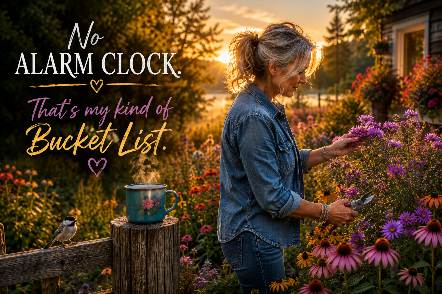 Wide banner of a silver-haired Gen X woman tending a colourful cottage garden at sunrise with a steaming coffee and the words "No Alarm Clock. That's My Kind of Bucket List."