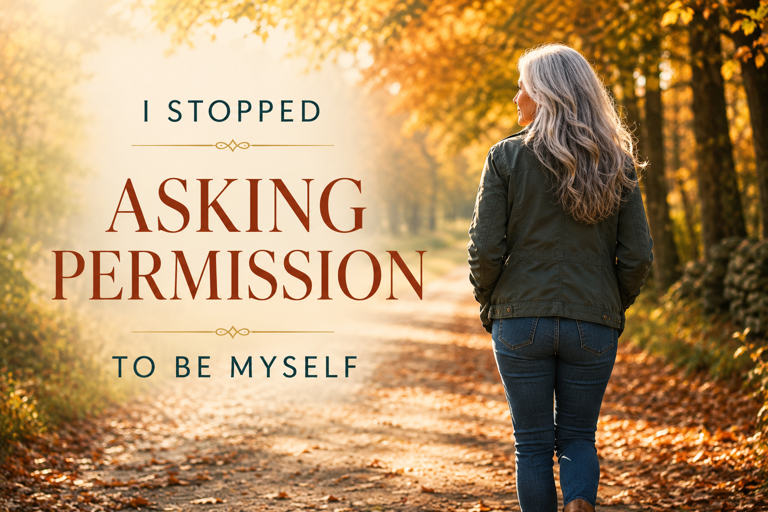 Gen X woman Roxanne Lynch walking confidently through an autumn park, symbolizing self-trust, personal growth, and moving beyond people pleasing.