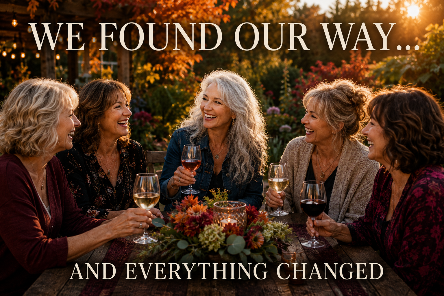 Five Gen X women enjoying wine and conversation in an autumn garden, celebrating friendship, personal growth, and creating a meaningful life after 50 on their own terms.