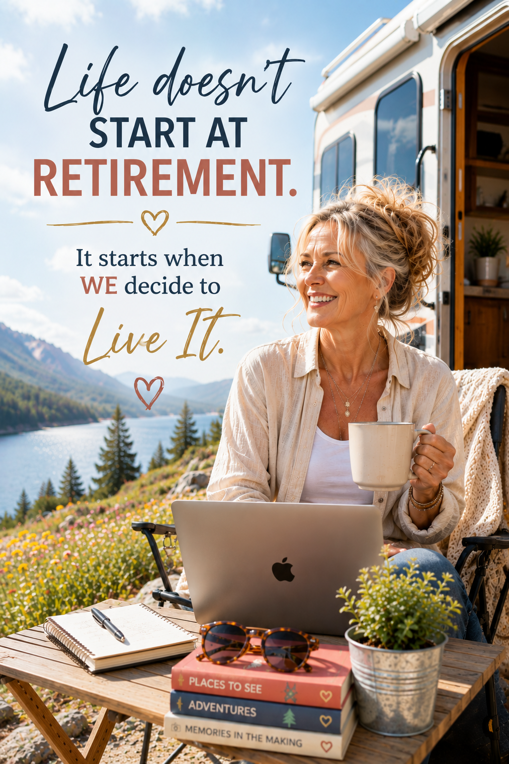 Silver-haired woman enjoying coffee beside her motorhome overlooking a lake with the words "Life doesn't start at retirement. It starts when WE decide to live it."