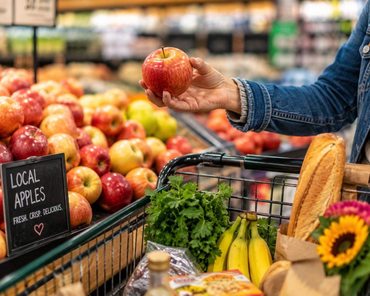 Woman choosing fresh apples in grocery store produce aisle with full shopping cart and warm natural lighting.
