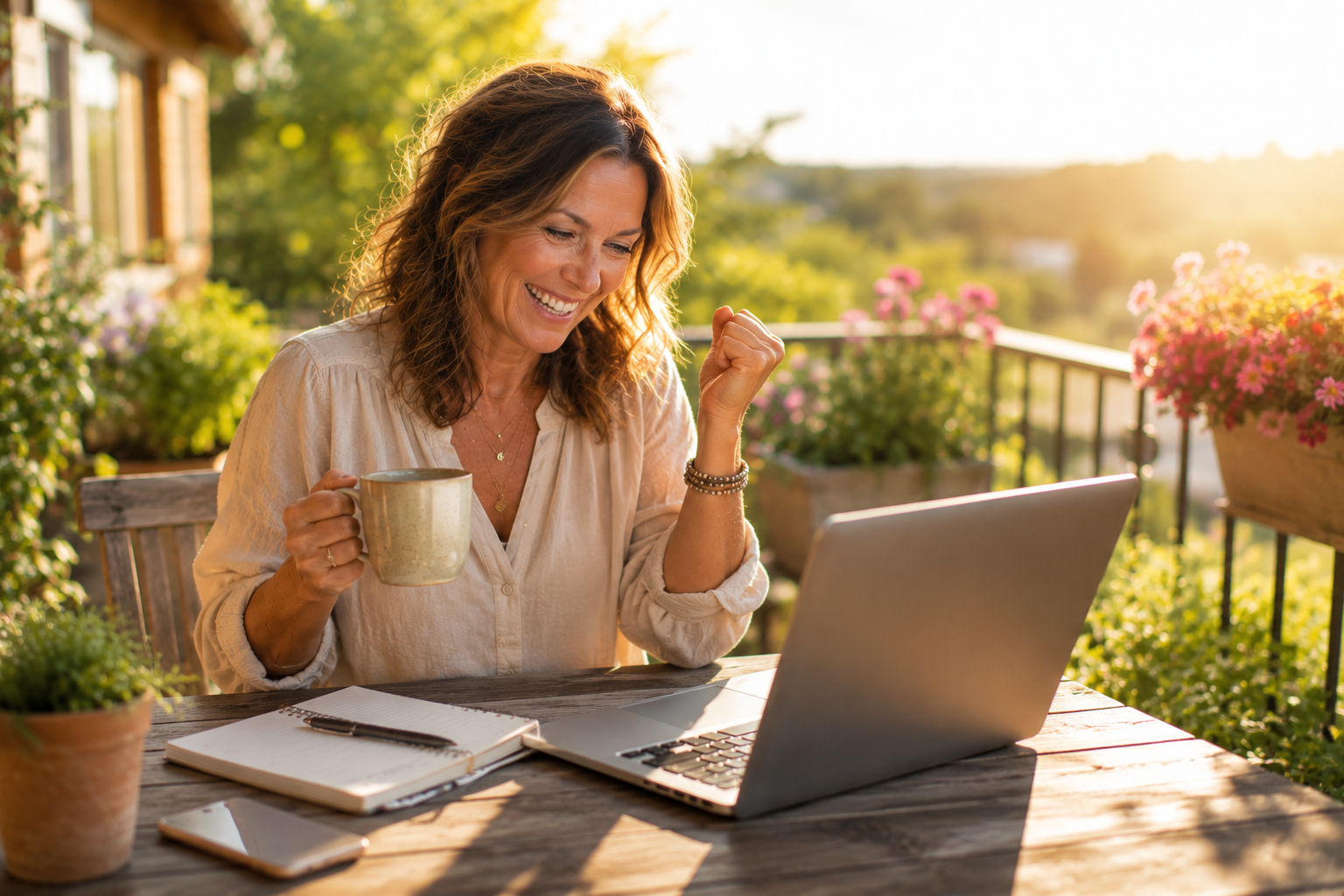 Midlife woman smiling at a laptop on a sunny outdoor patio while working from home, celebrating extra income and flexible digital marketing work.