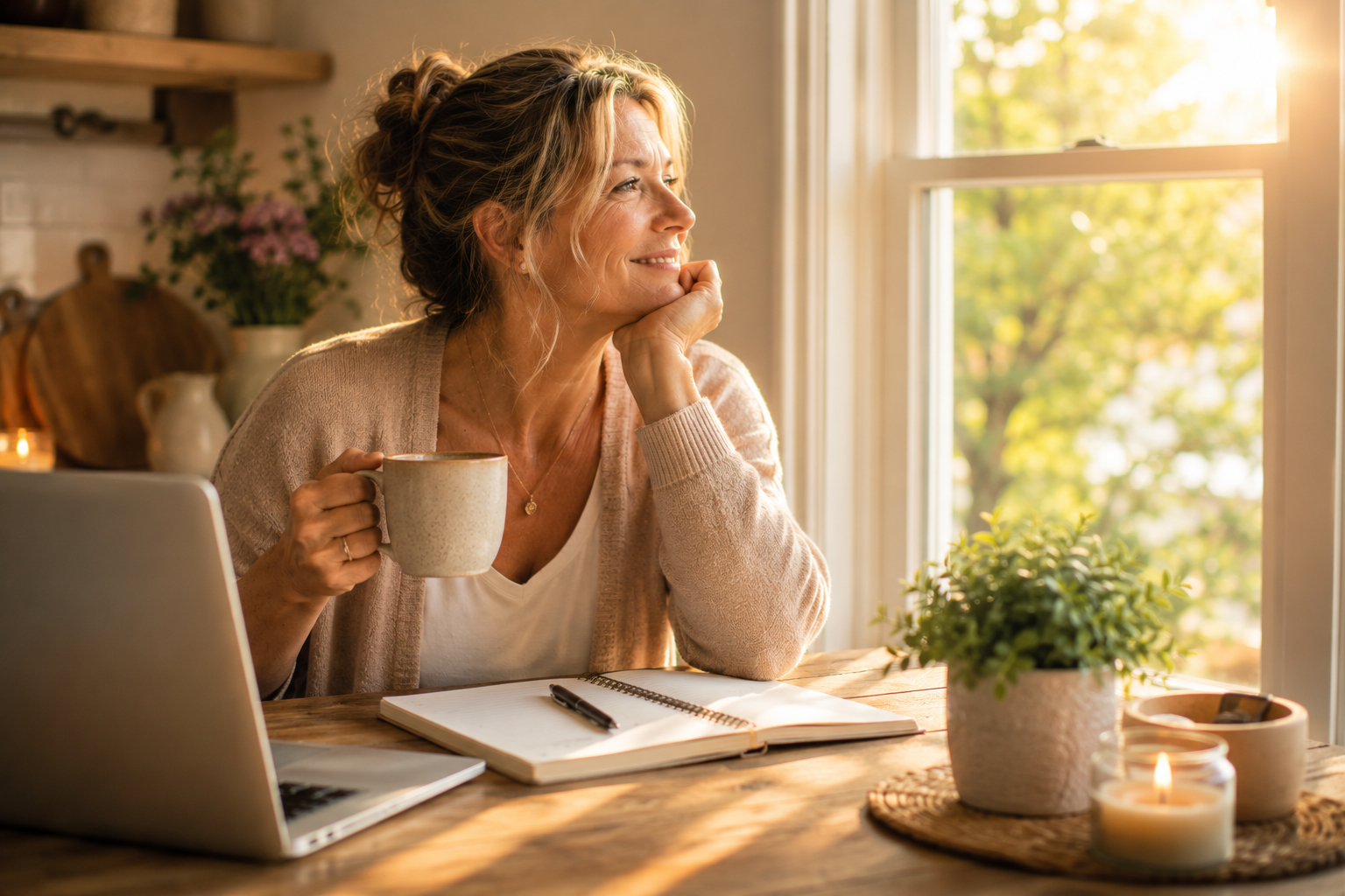  Joyful midlife woman sitting at a sunny kitchen table with coffee, laptop, and notebook while reflecting on starting over and creating income from home.