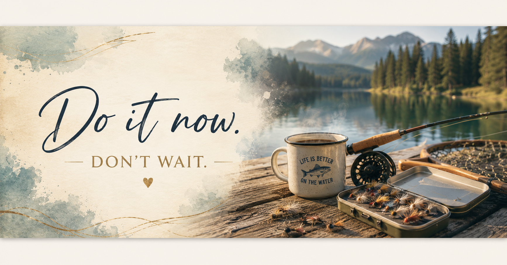 Inspirational banner featuring a fly fishing rod, coffee mug, and tackle beside a peaceful mountain lake with the words "Do it now. Don't wait." A tribute to living life before retirement and embracing your bucket list dreams.