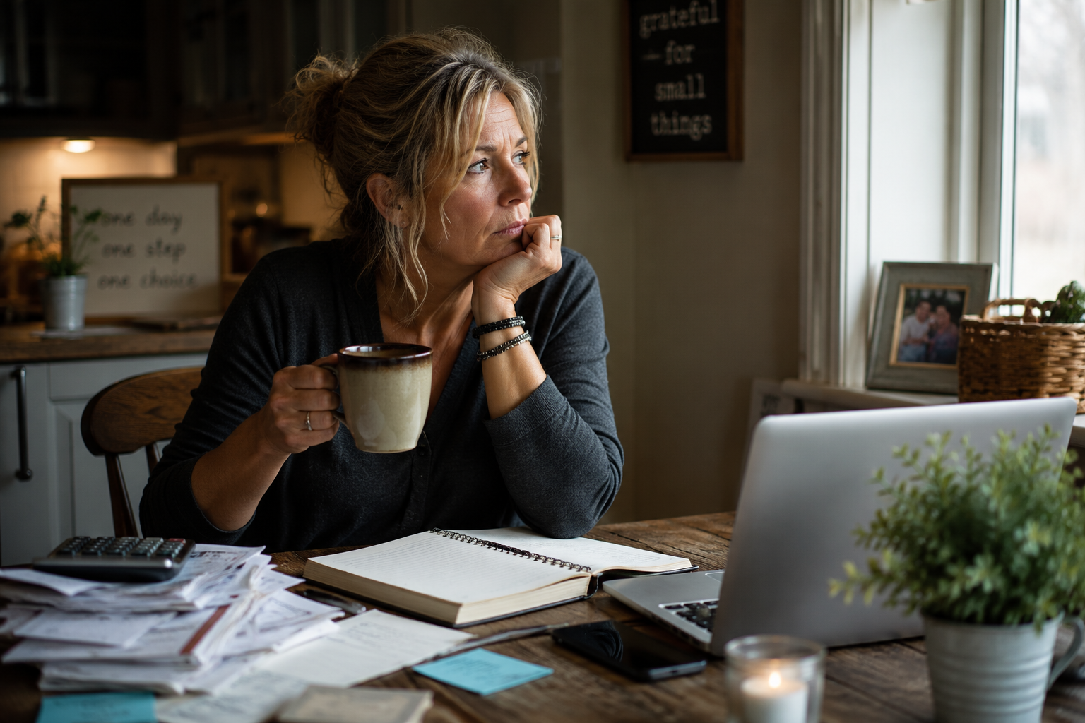 Midlife woman sitting at a kitchen table with coffee, laptop, bills, and notebook while reflecting on work and financial stress.