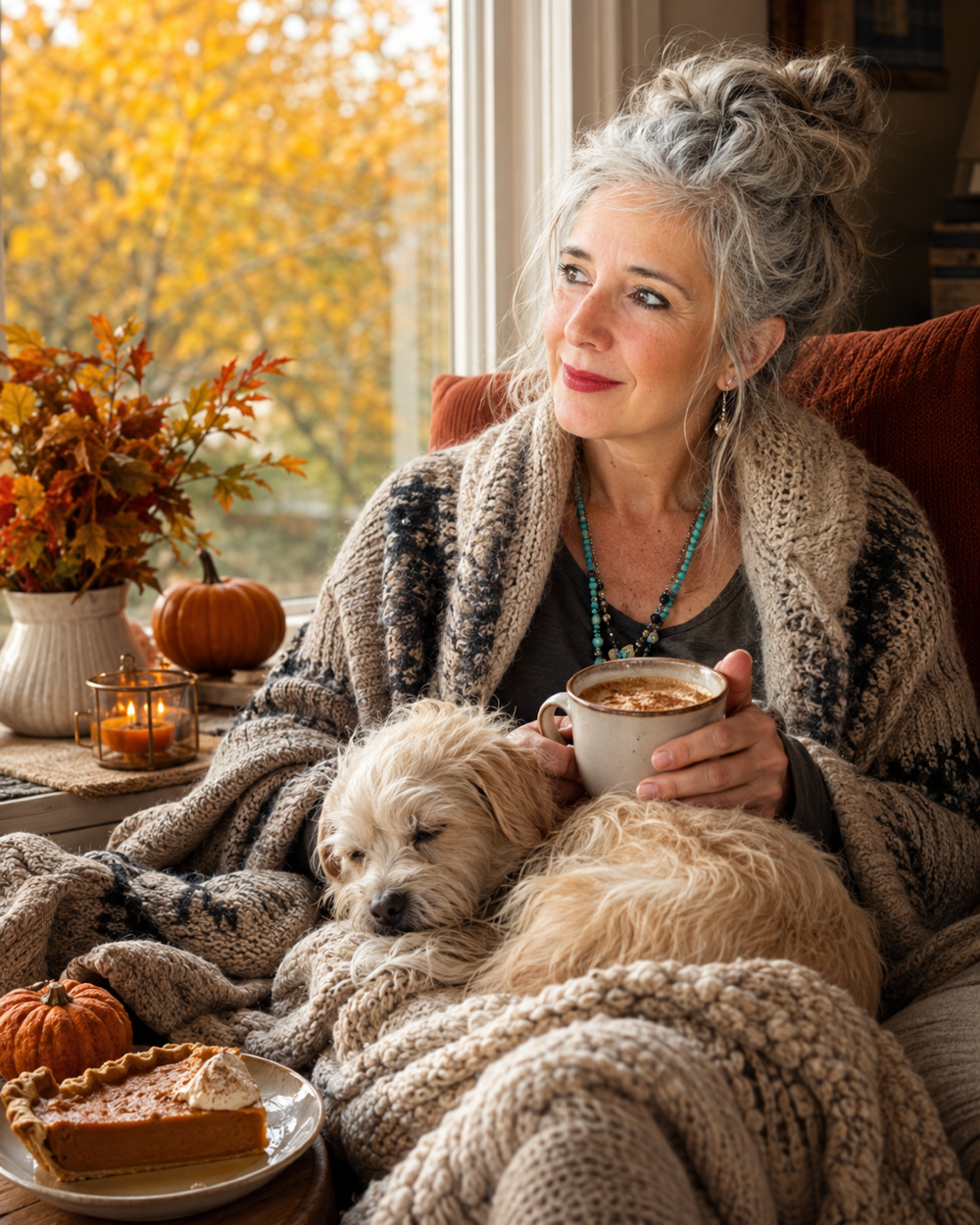 Gen X woman with silver hair cuddles her small cream-coloured dog by a window, holding a spiced coffee beside pumpkin pie and autumn Thanksgiving dรฉcor.