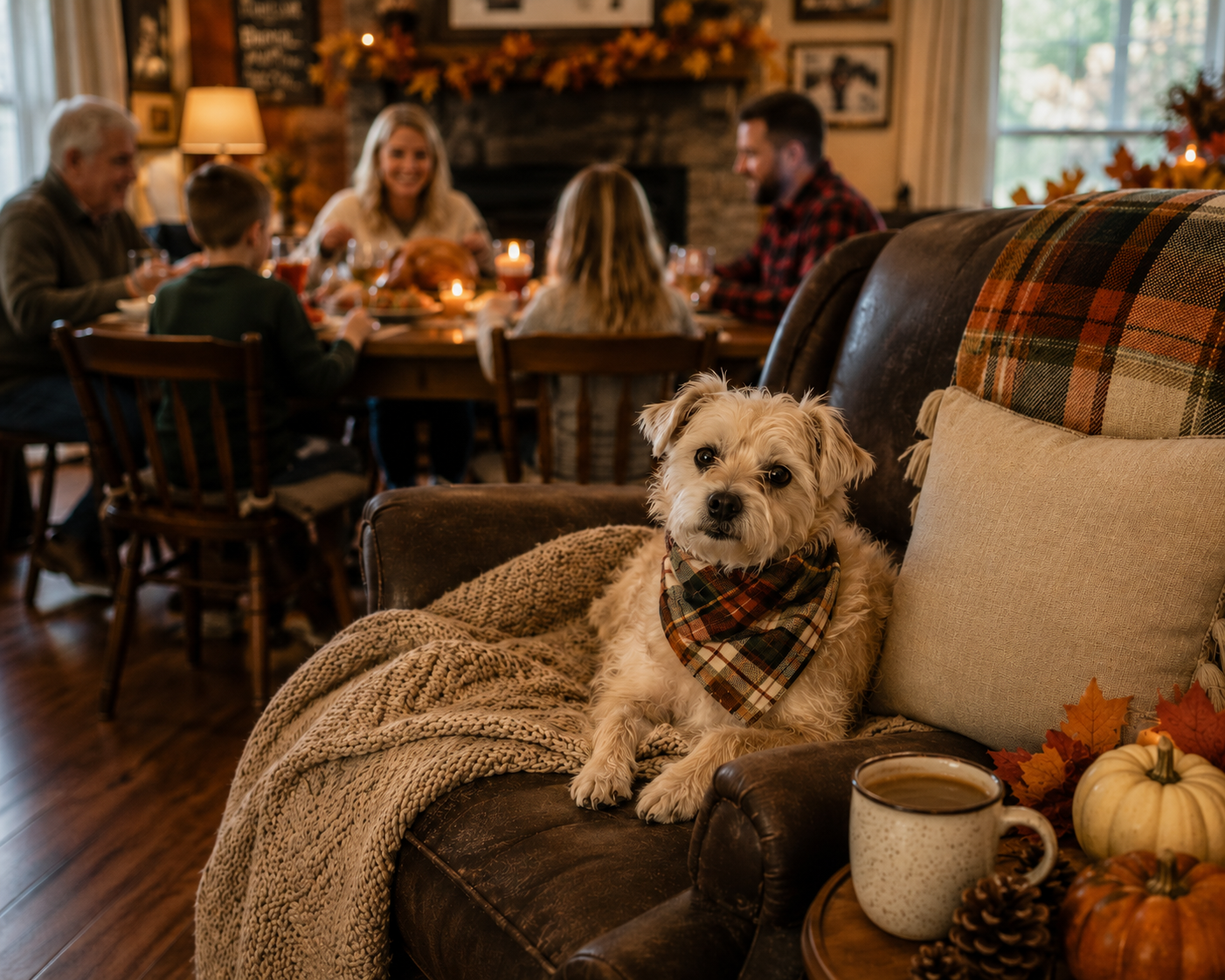 Small cream-coloured dog sits in a cozy chair while a family shares Thanksgiving dinner in the background.