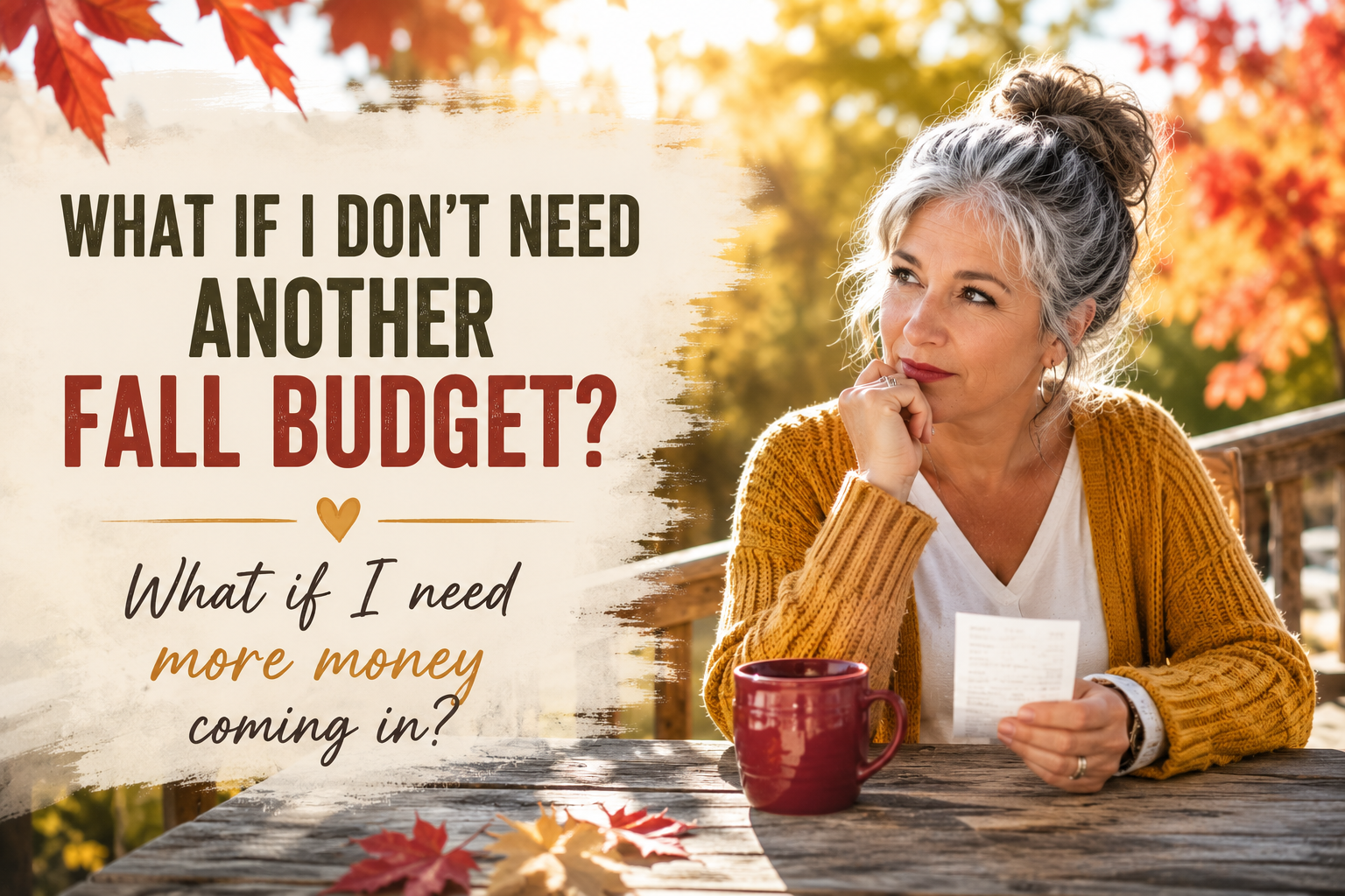 Gen X woman holding a receipt beside a cranberry coffee mug on a sunny autumn patio, wondering if she needs another fall budget or more money coming in.