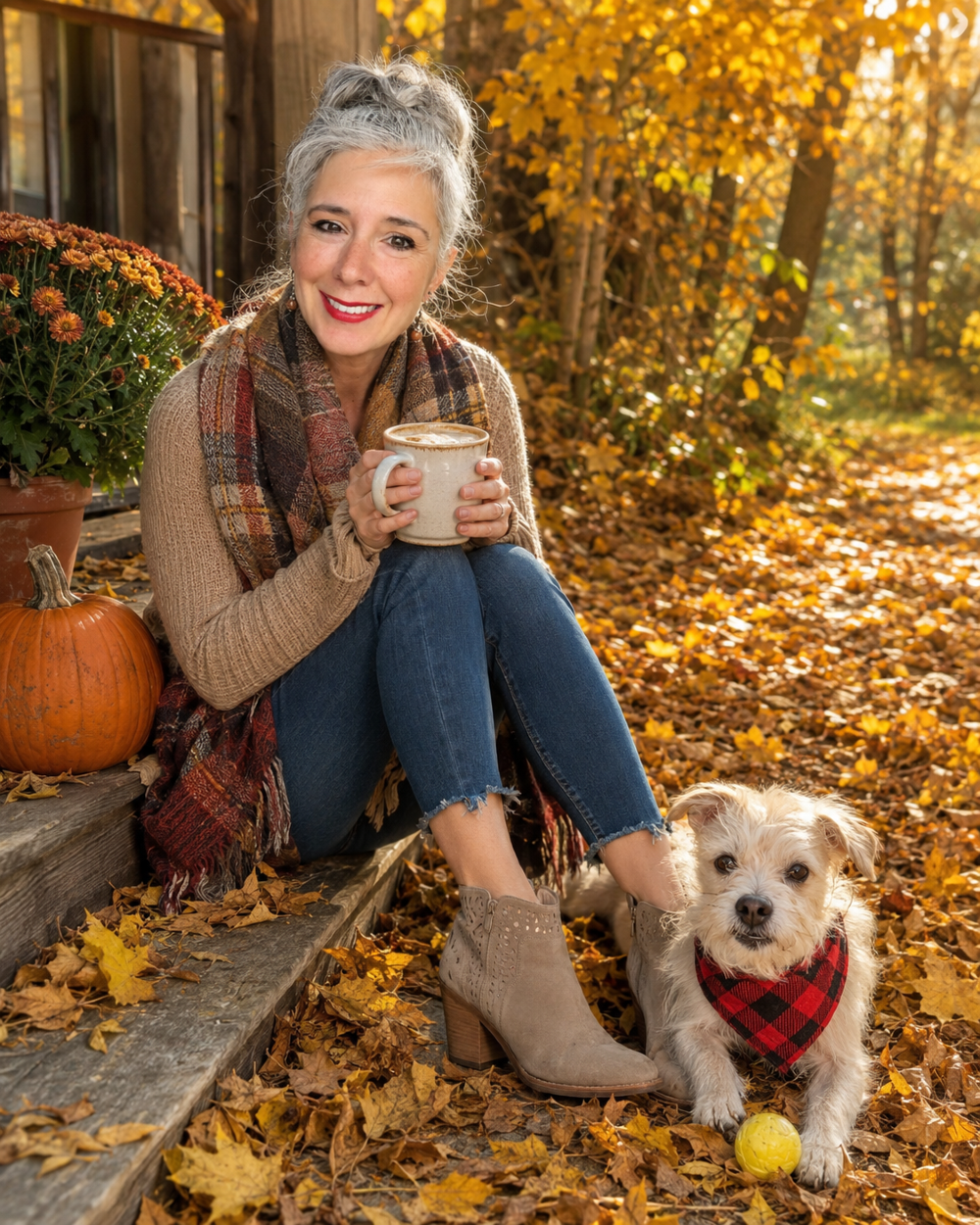 Silver-haired woman with her small dog, pumpkin latte, and yellow ball among autumn leaves.