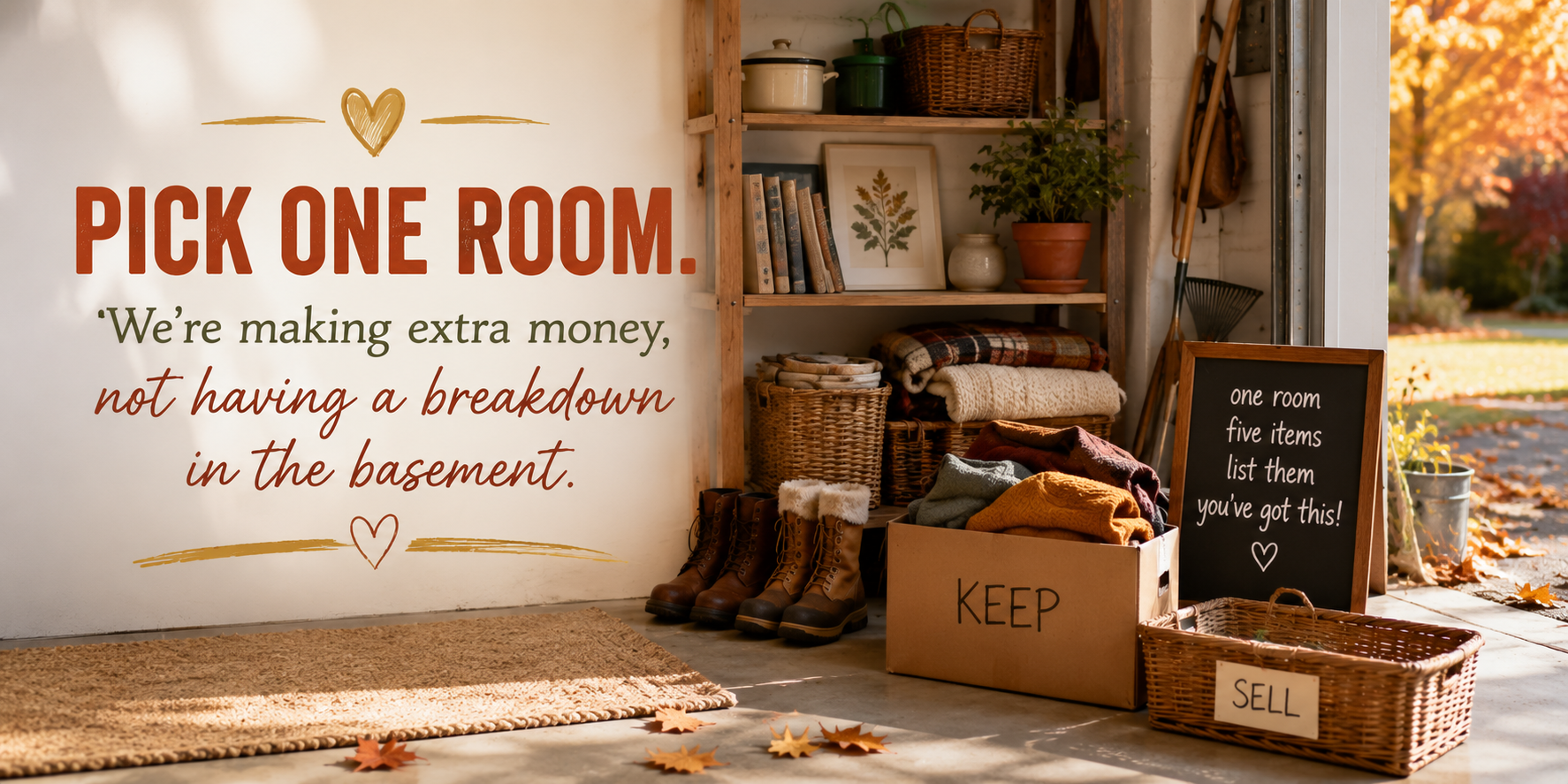 Autumn garage with organized shelves, boots and items ready to sell beside text encouraging women to pick one room and make extra money from what they already own.
