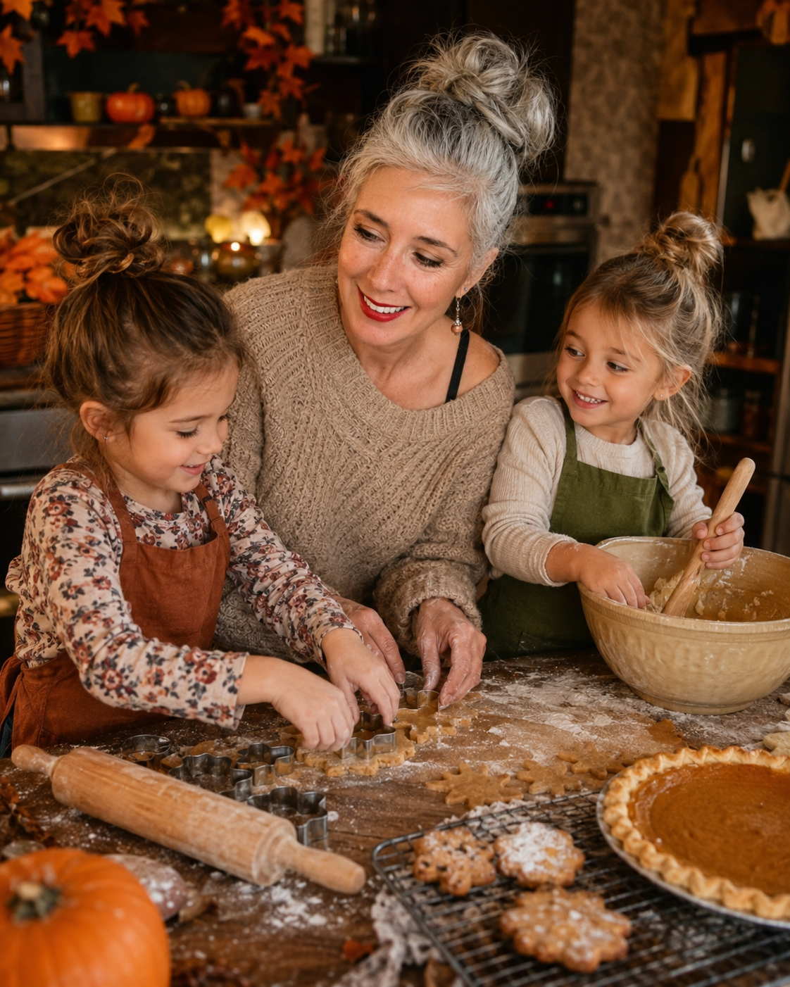 Silver-haired woman in a cozy fall kitchen baking with two young girls, surrounded by flour, cookie dough, a rolling pin, autumn cookies, and a pumpkin pie.