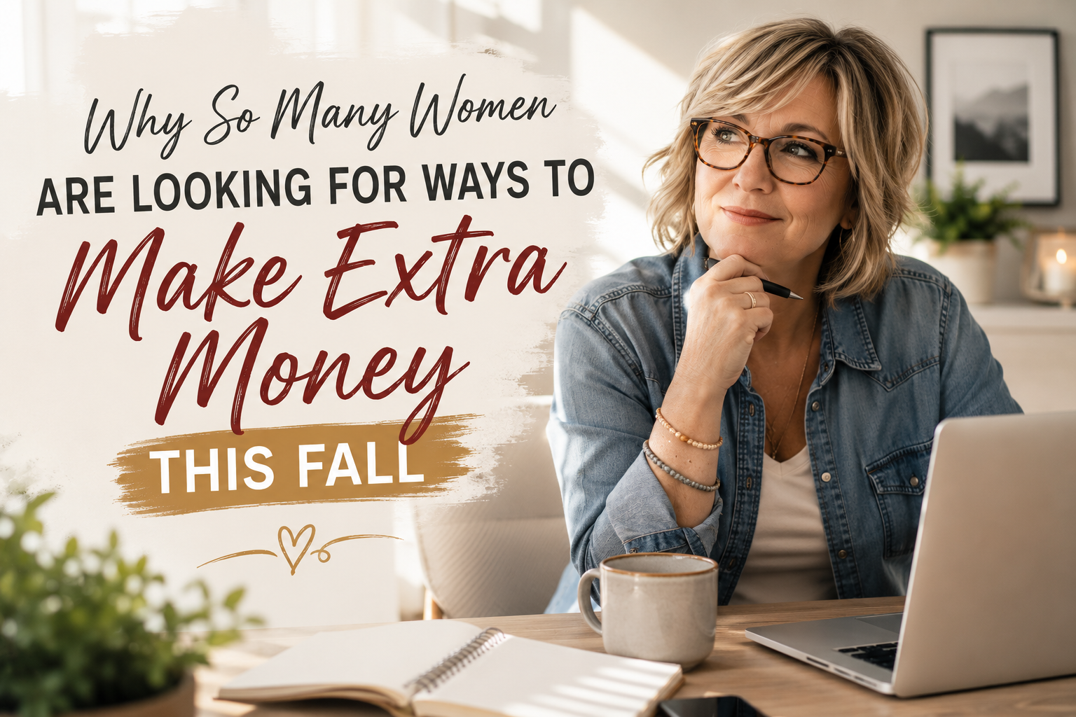 Woman over 50 sitting at a laptop in a bright home office, considering ways to make extra money from home this fall.