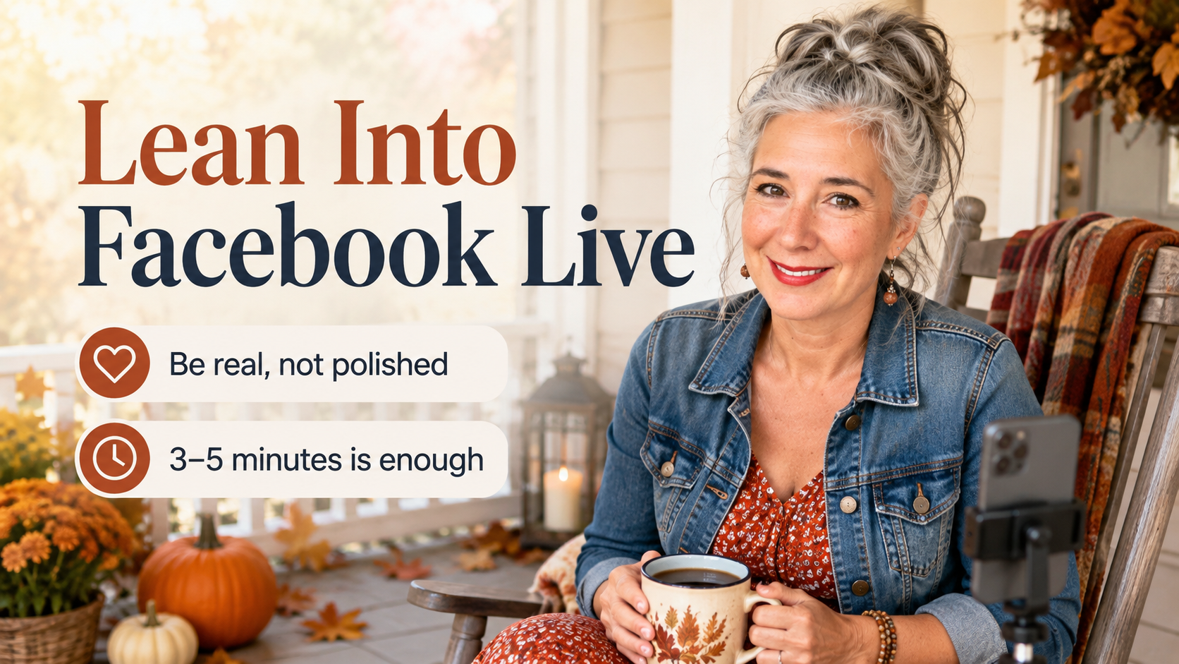 Silver-haired woman Roxanne Lynch filming a Facebook Live from a cozy autumn porch.