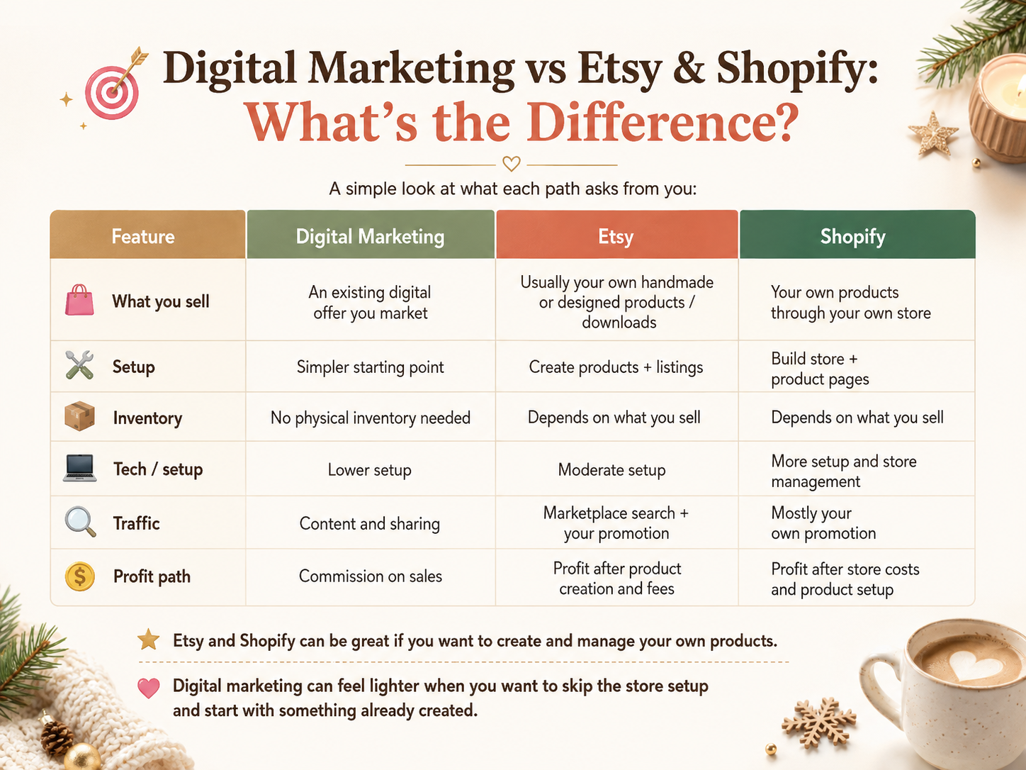 Comparison chart showing digital marketing, Etsy and Shopify setup, products, traffic and profit paths.