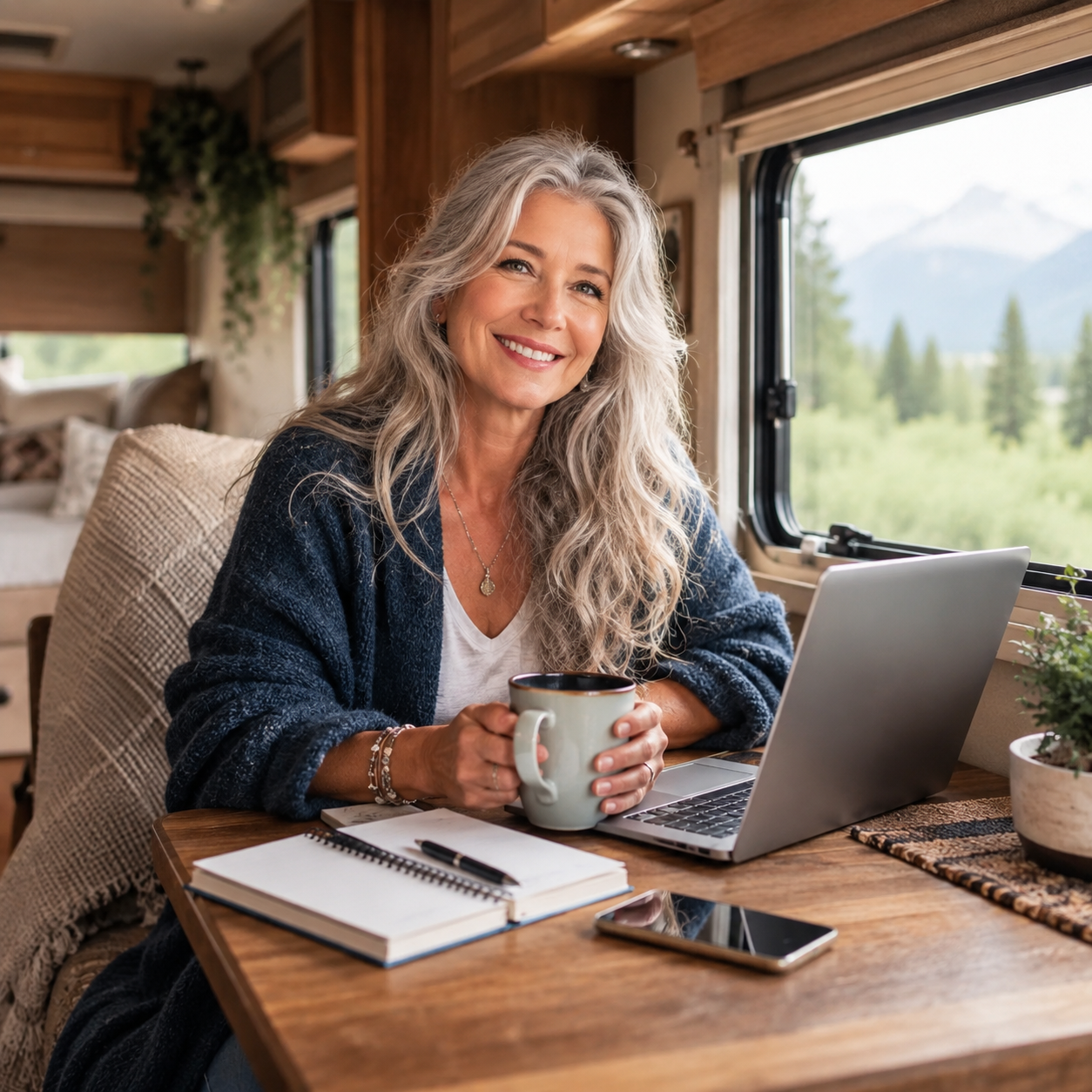 Roxanne Lynch working on a laptop in a cozy RV workspace with coffee and mountain views.