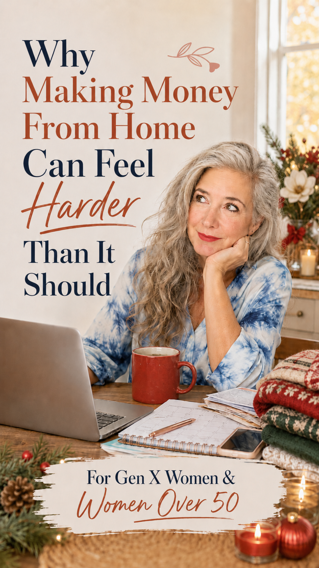 Silver-haired Gen X woman Roxanne Lynch working from home beside a laptop and holiday décor.