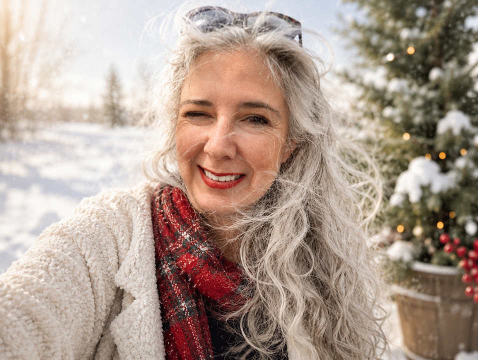 Silver-haired woman Roxanne Lynch smiling outdoors in a snowy Christmas setting with a red plaid scarf.