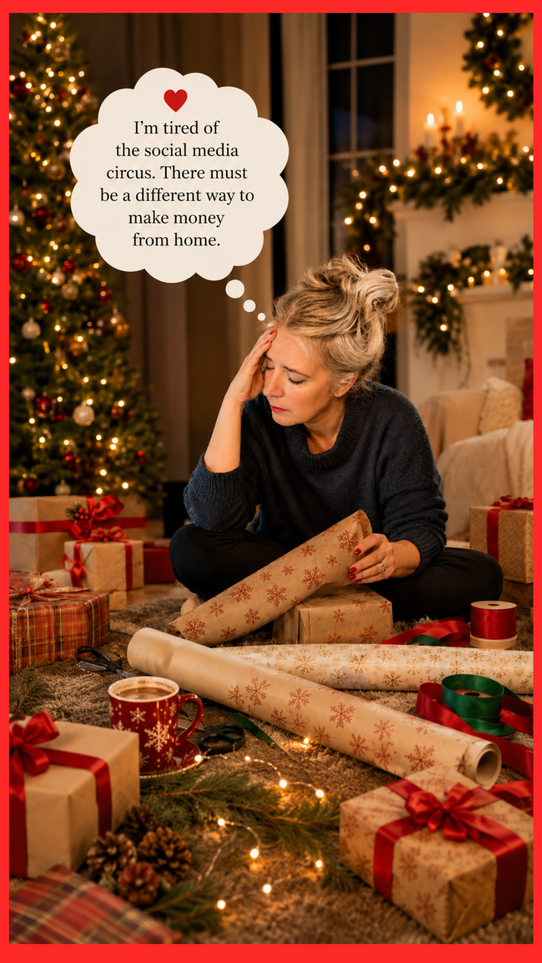 Tired woman wrapping Christmas gifts, overwhelmed by social media.
