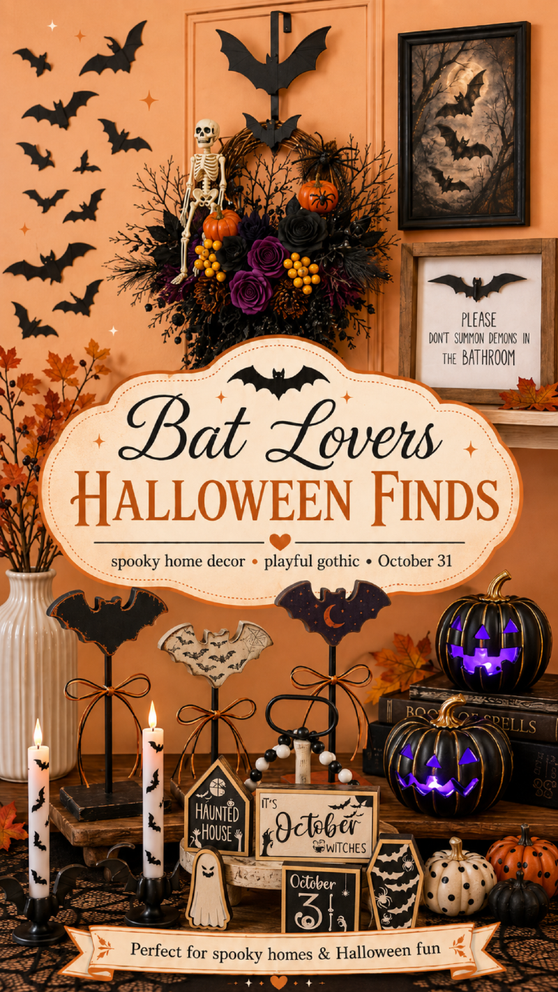 Bat lovers Halloween decor graphic with spooky home accents, gothic pumpkins, candles, bats, and October 31 decorations.