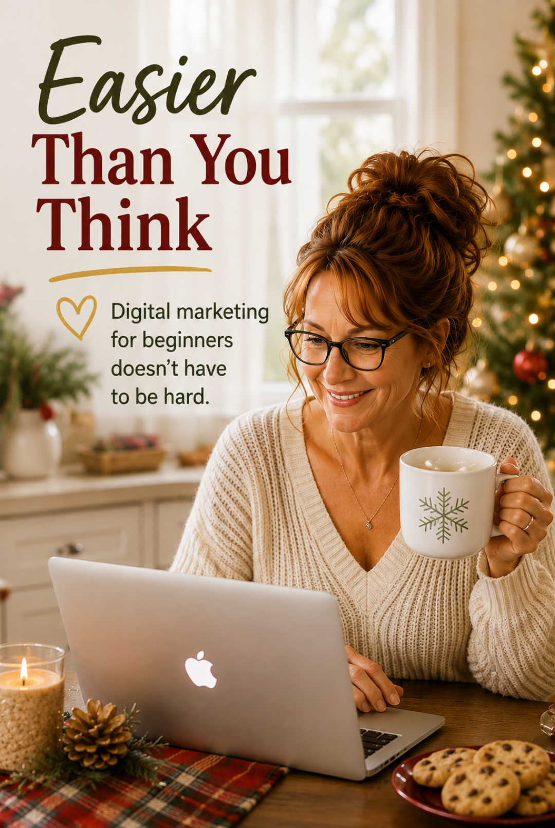 Woman with auburn hair working on a laptop beside a Christmas tree, with text about digital marketing for beginners.