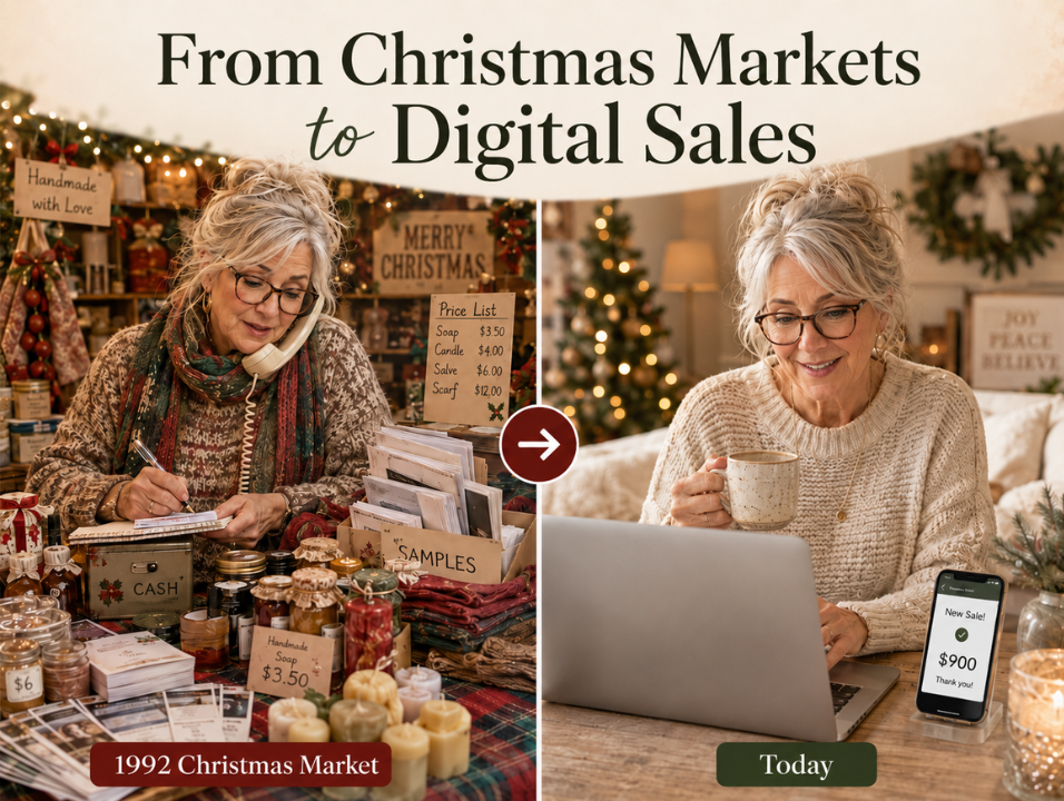 Split-screen graphic of a busy Christmas market on one side and cozy at-home digital sales with a $900 sale notification on the other.