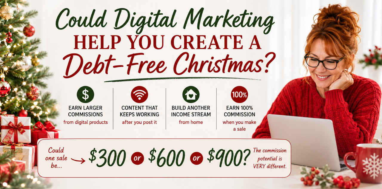 Bright Christmas graphic with a woman at her laptop and text about digital marketing, 100% commissions, and a debt-free Christmas.