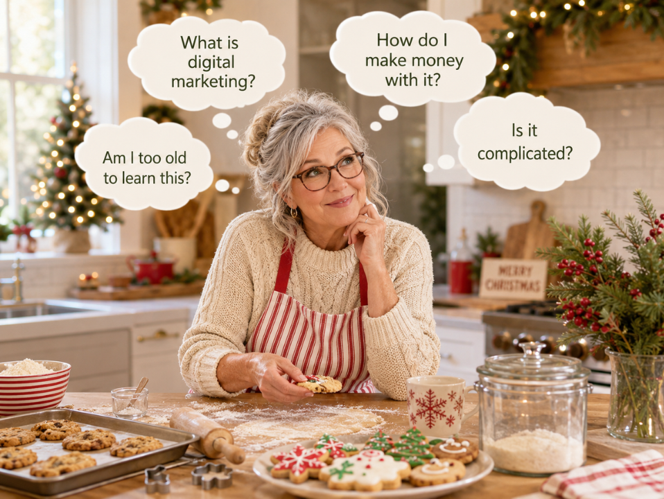 Holiday kitchen scene with woman baking Christmas cookies and thought bubbles about digital marketing for beginners.