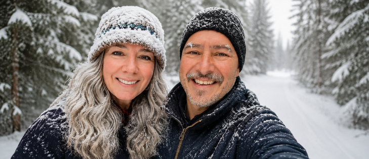 Smiling couple on a snowy forest trail during a winter walk.