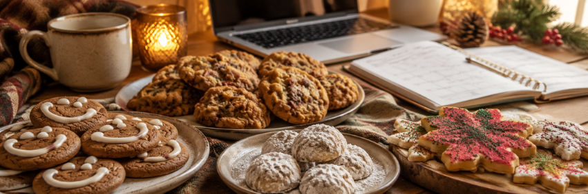 Assorted holiday cookies beside a laptop, planner and coffee in a cozy seasonal workspace.